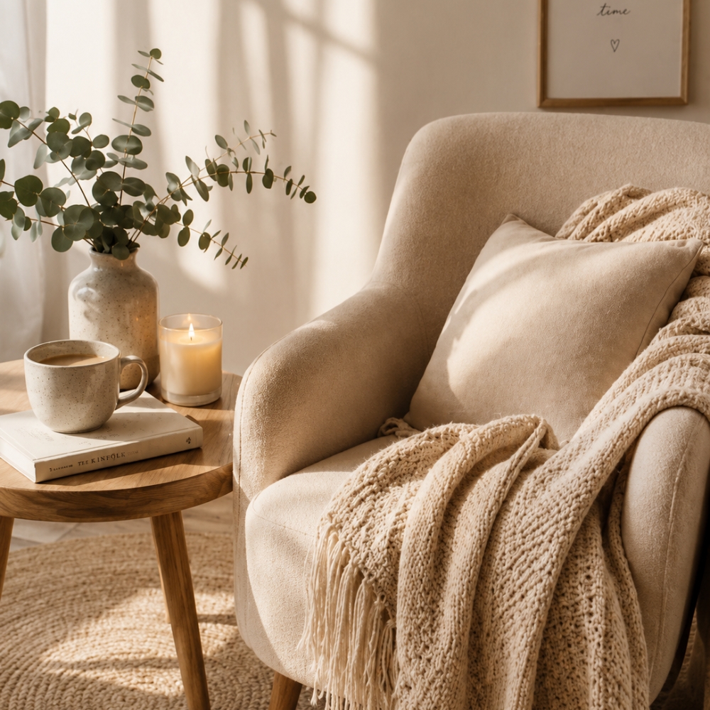 Comfortable armchair with a blanket, coffee and soft morning light representing a calm space for parenting support.