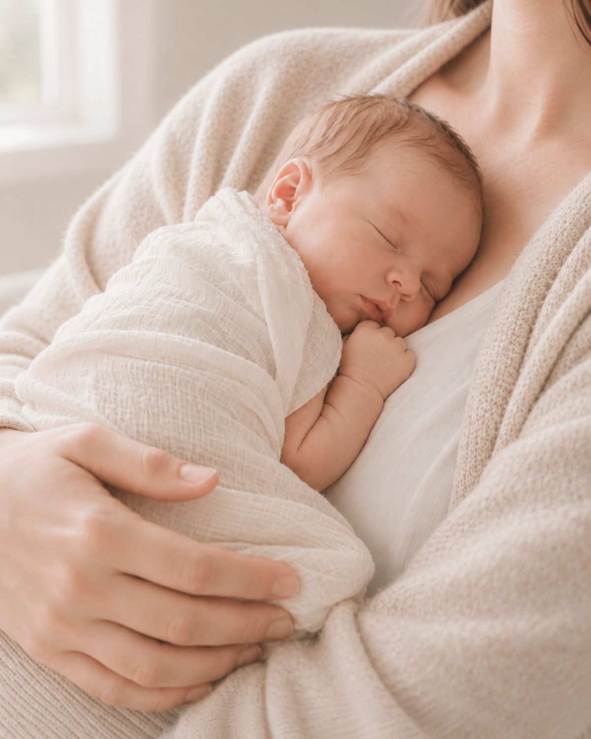 Newborn baby lying close to parent, soft calm moment in early days