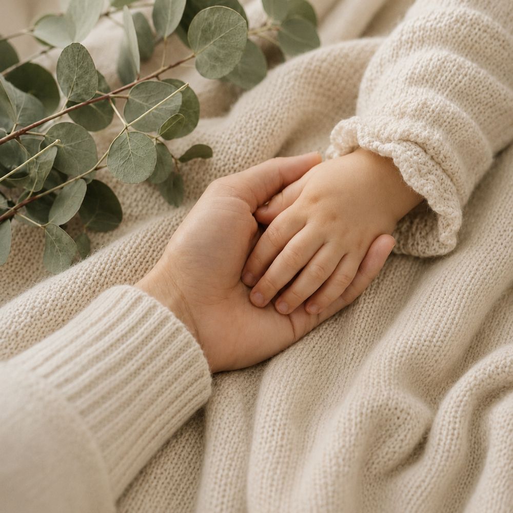 Baby holding an adult's hand, representing connection, reassurance and support for families.