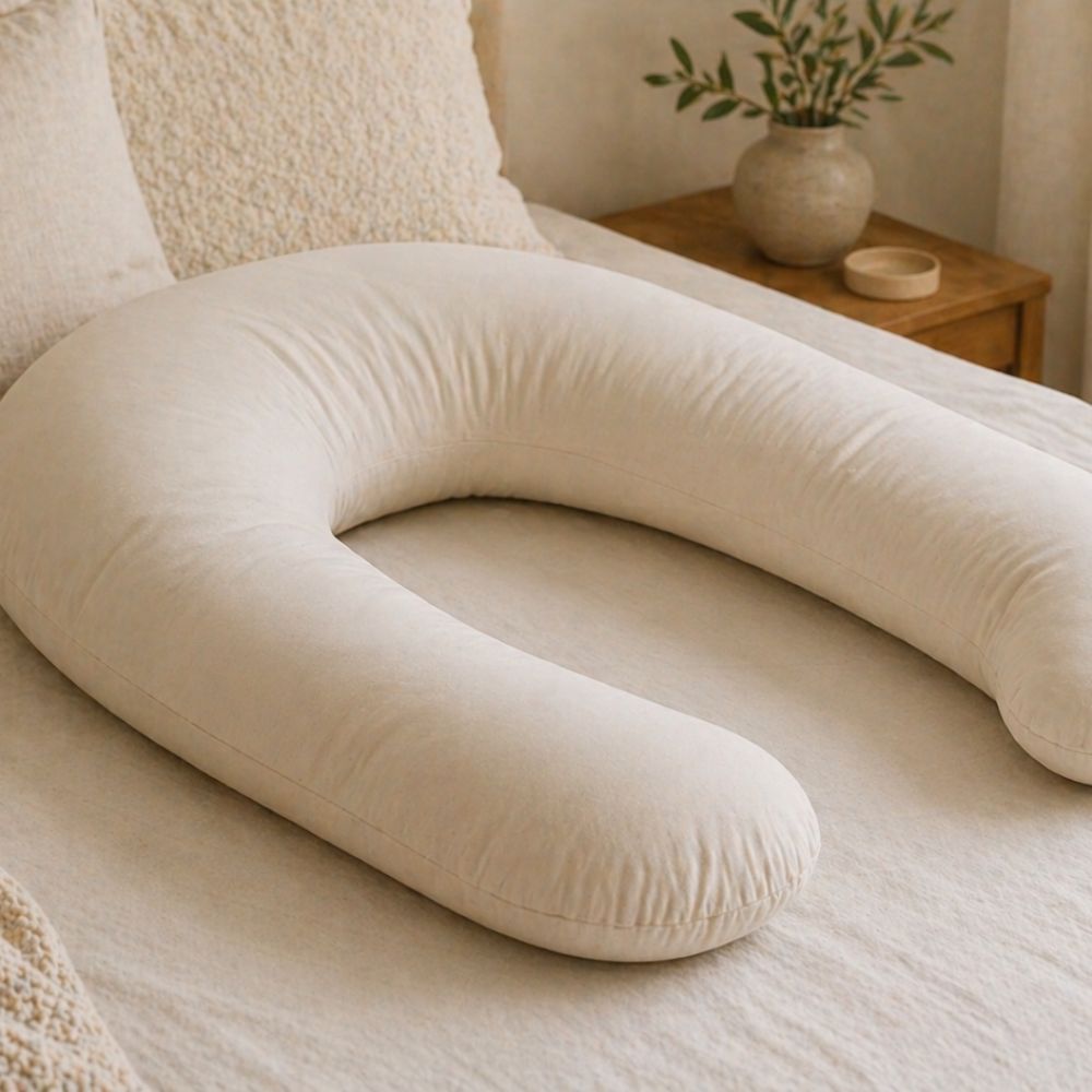 Full body pregnancy pillow providing support for comfortable sleeping during pregnancy.