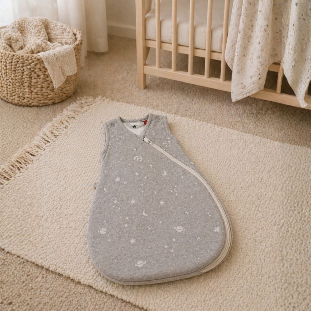 Baby sleeping bag designed for safe sleep and comfortable overnight temperatures.