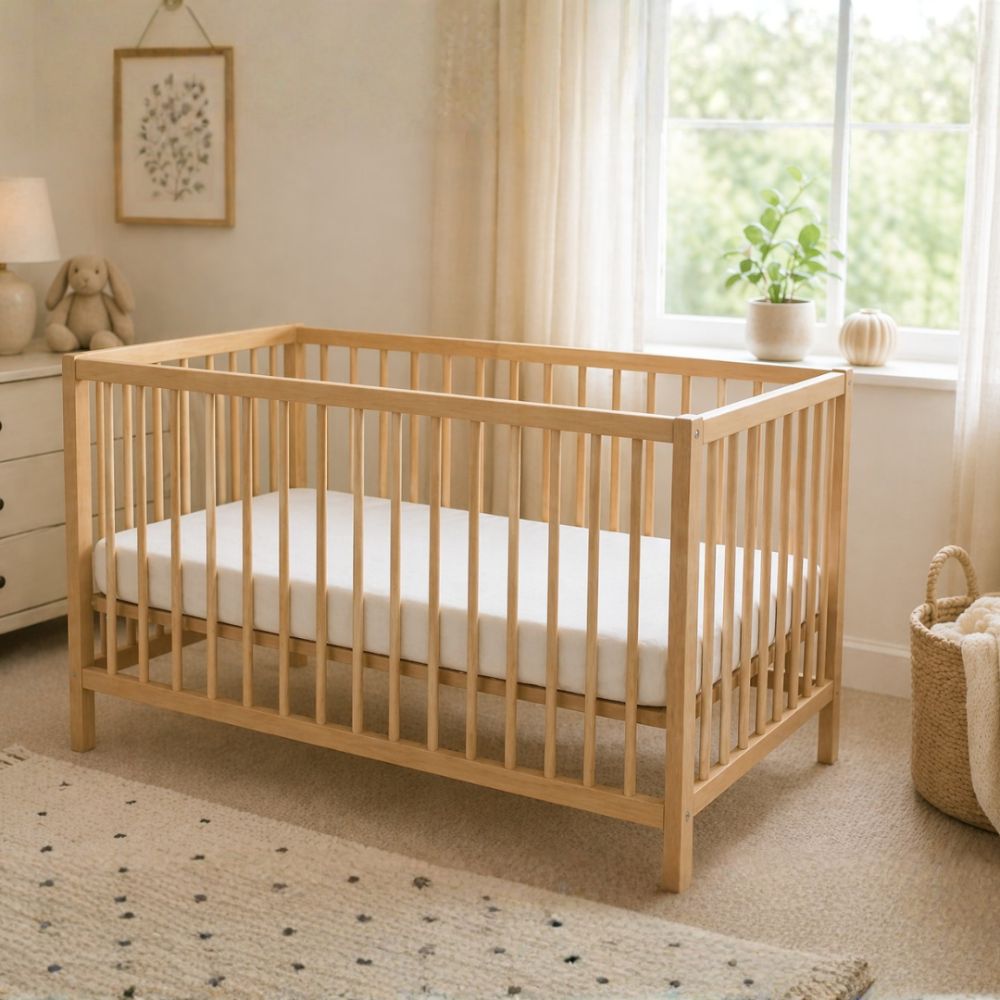 Wooden baby cot providing a firm, flat sleep space for infants.