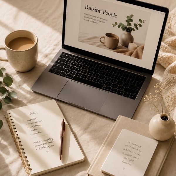 Workspace showing parenting resources being created with a laptop, notebook and coffee in a calm home setting.