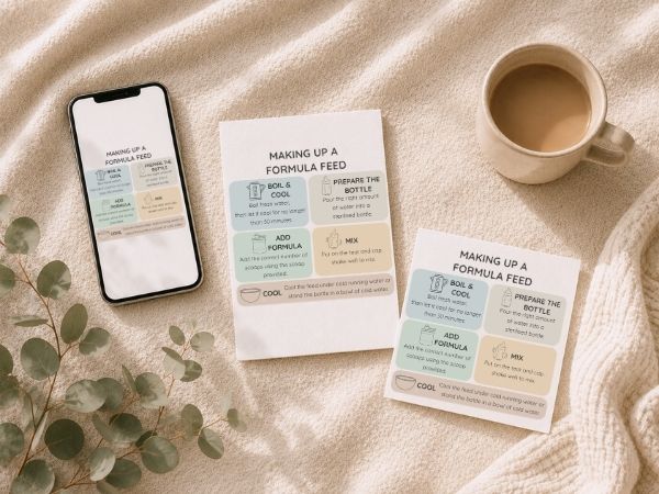 Baby formula feeding guide with A6 printable, square printable and phone save