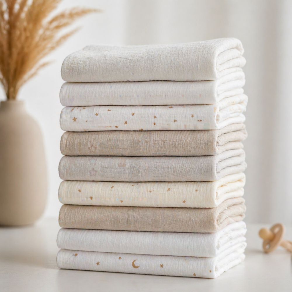 Stack of soft cotton muslin cloths for feeding, winding and everyday baby care.