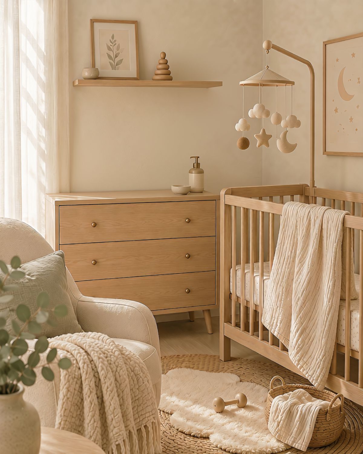 Peaceful baby nursery with cot and recommended sleep essentials.