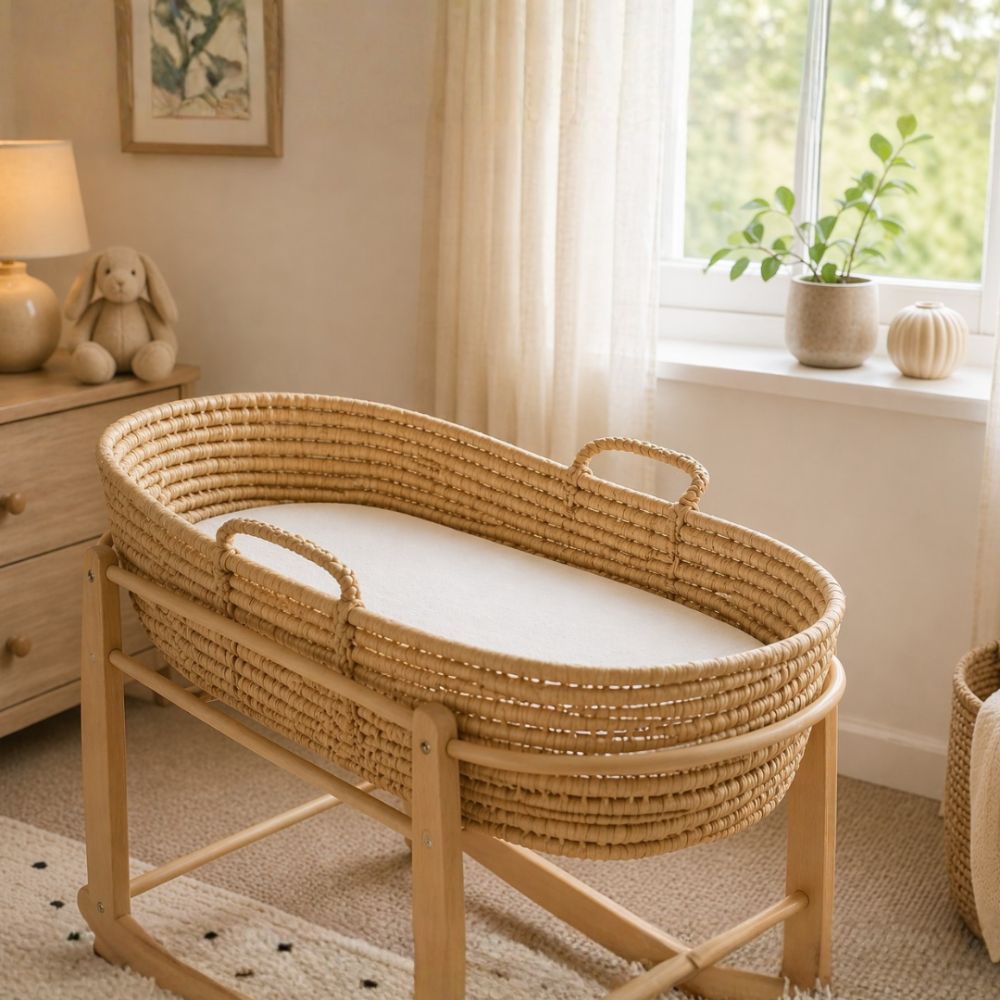 Woven Moses basket providing a safe sleep space for a newborn baby.
