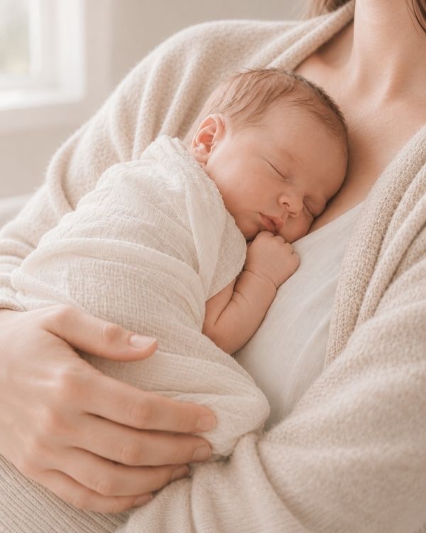 Newborn baby lying close to a parent in a calm, neutral setting