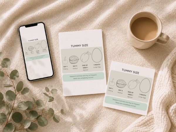 Newborn stomach size guide with A6 printable, square printable and phone save