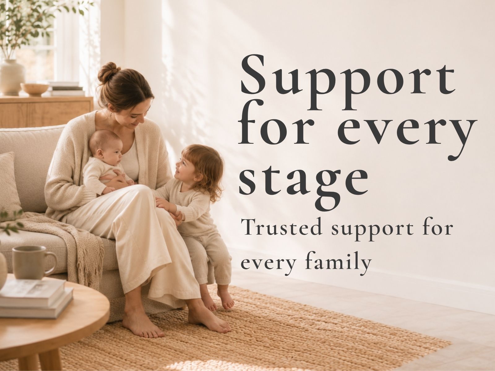Parenting support for every stage with a mother and her children in a calm family home.