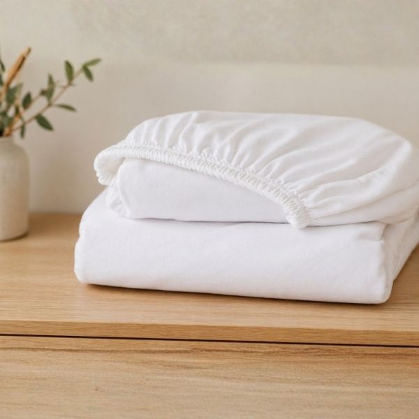 Soft fitted cot sheets designed to fit a baby cot mattress securely.