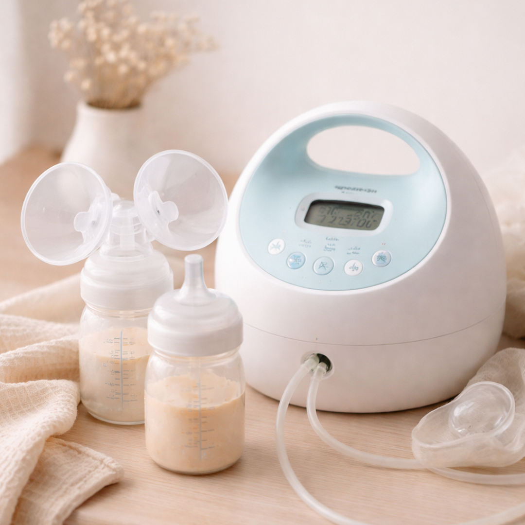 Electric breast pump with expressed milk bottle for breastfeeding parents.