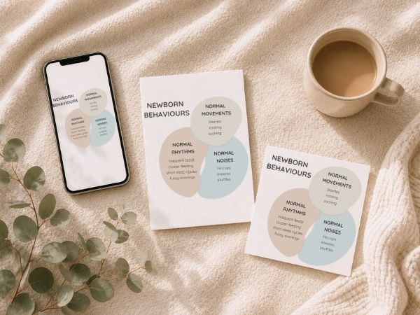 Newborn behaviour guide with A6 printable, square printable and phone save