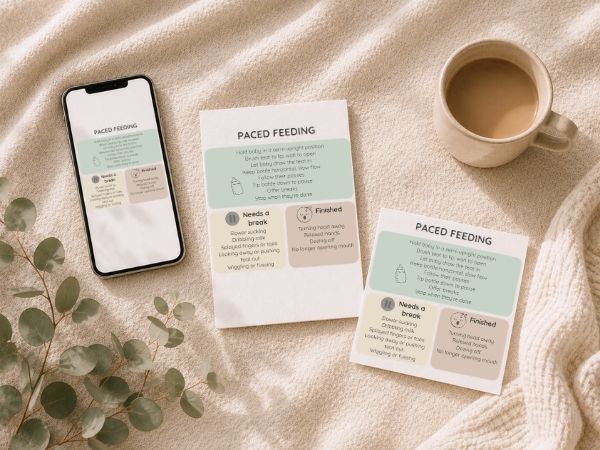 Paced bottle feeding guide with A6 printable, square printable and phone save