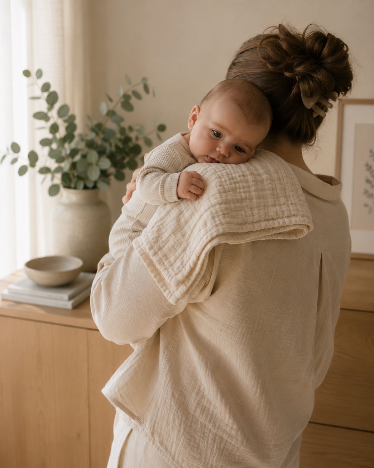 Parent holding a baby during a calm feeding moment at home.