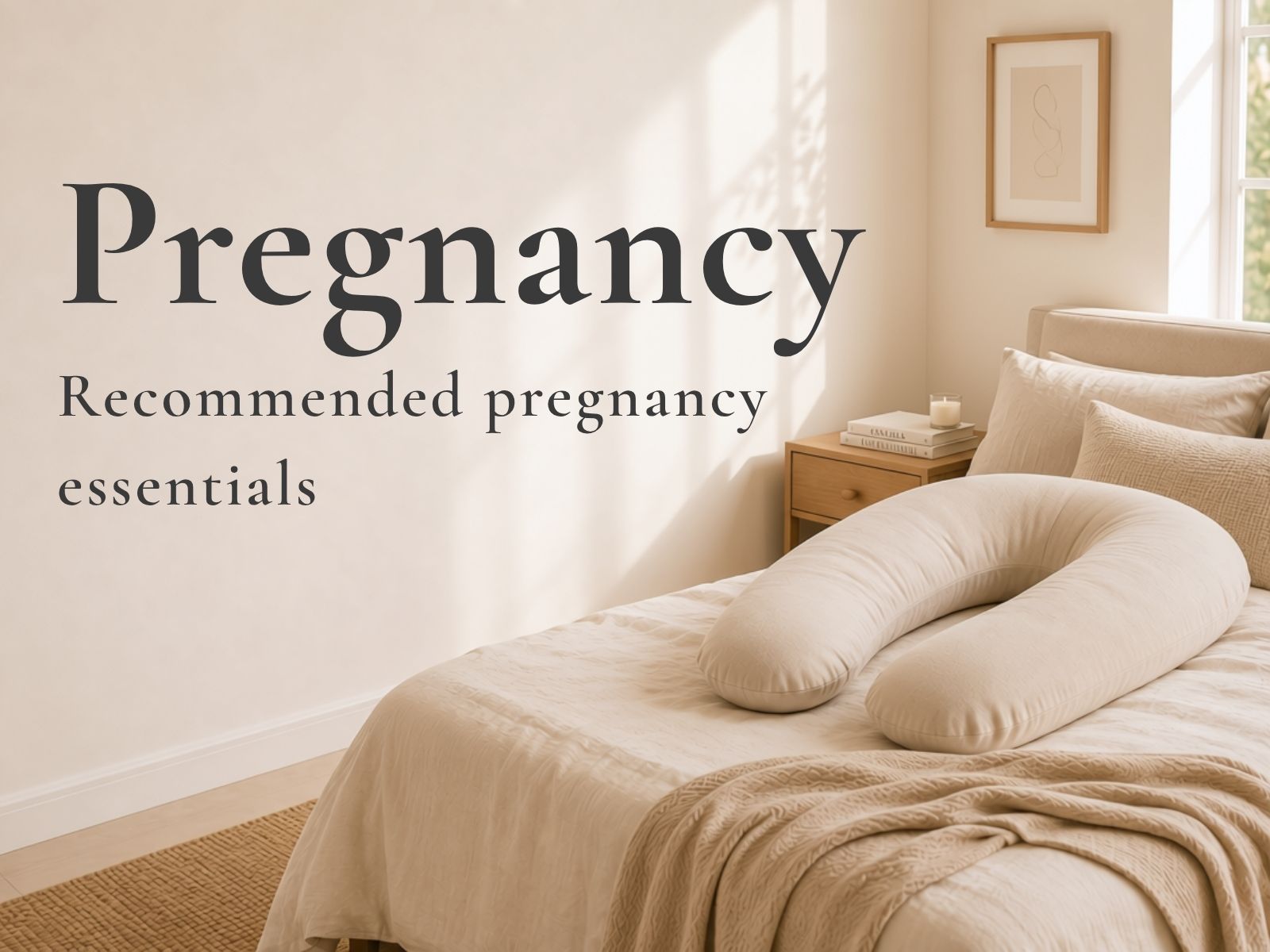 Pregnancy essentials including a pregnancy pillow in a calm neutral bedroom.
