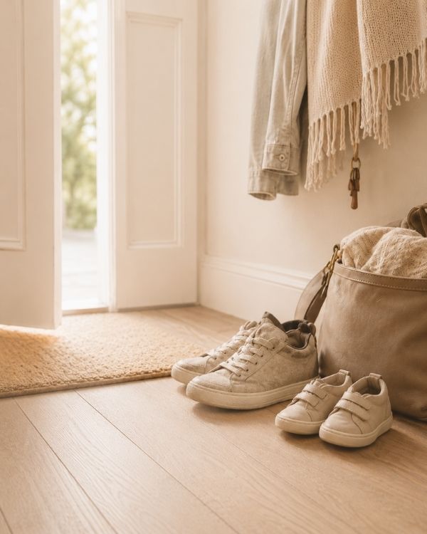 Baby shoes and changing bag ready by the door