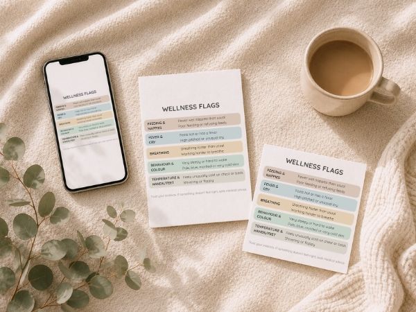 Baby warning signs Wellness Flags guide with A6 printable, square printable and phone save