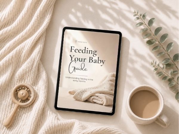 Digital parenting guide displayed on a tablet with evidence-based support for early parenthood.
