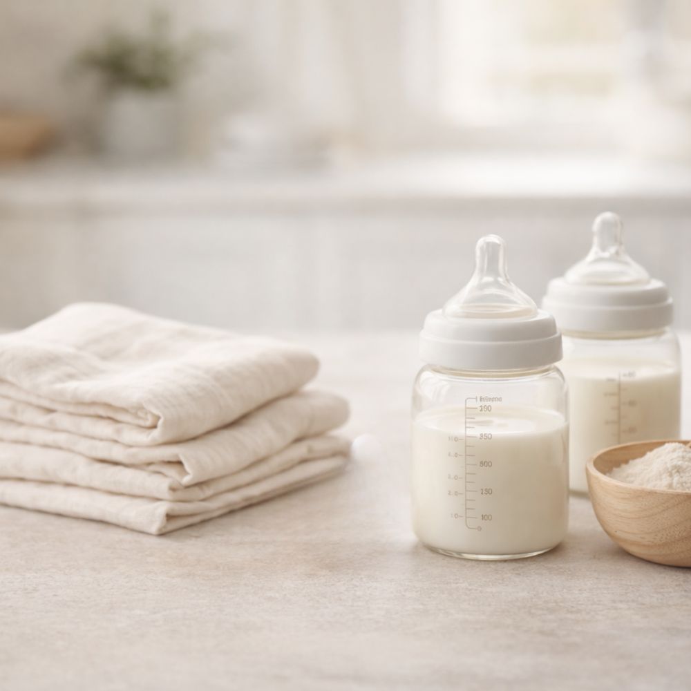 Baby feeding bottles prepared for bottle feeding and combination feeding.