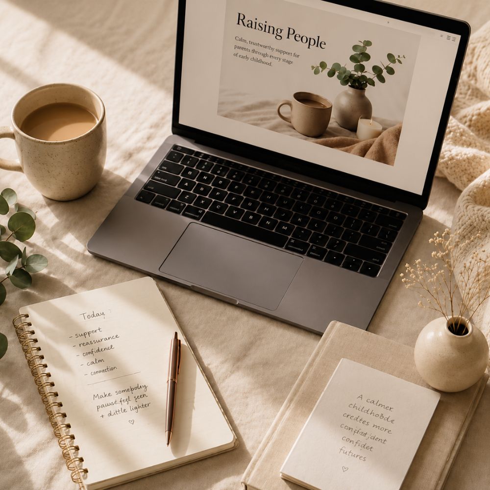 Workspace showing parenting resources being created with a laptop, notebook and coffee in a calm home setting.