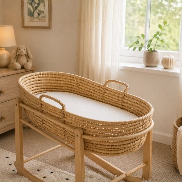 Woven Moses basket providing a safe sleep space for a newborn baby.