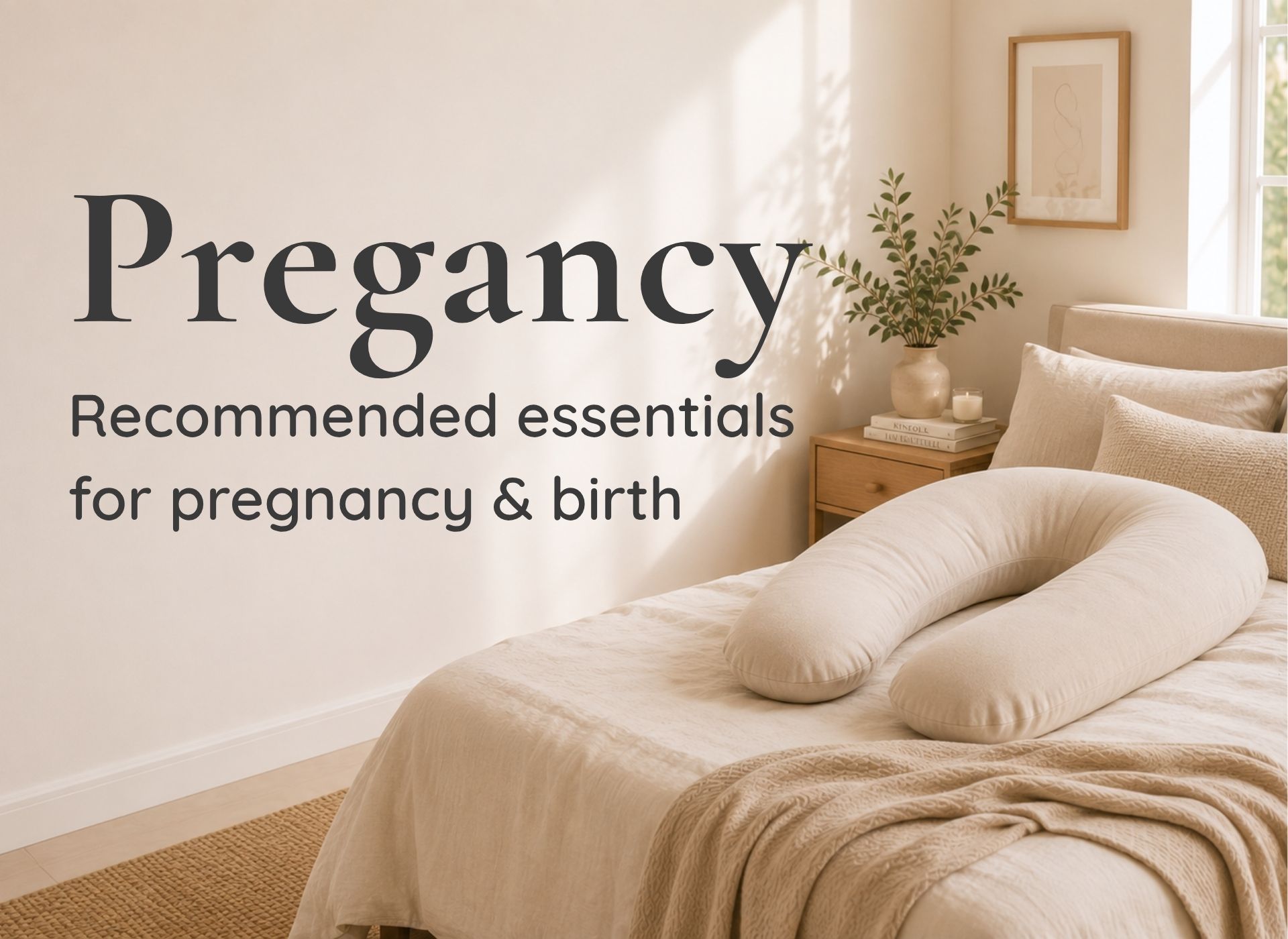 Pregnancy essentials including a pregnancy pillow in a calm neutral bedroom.