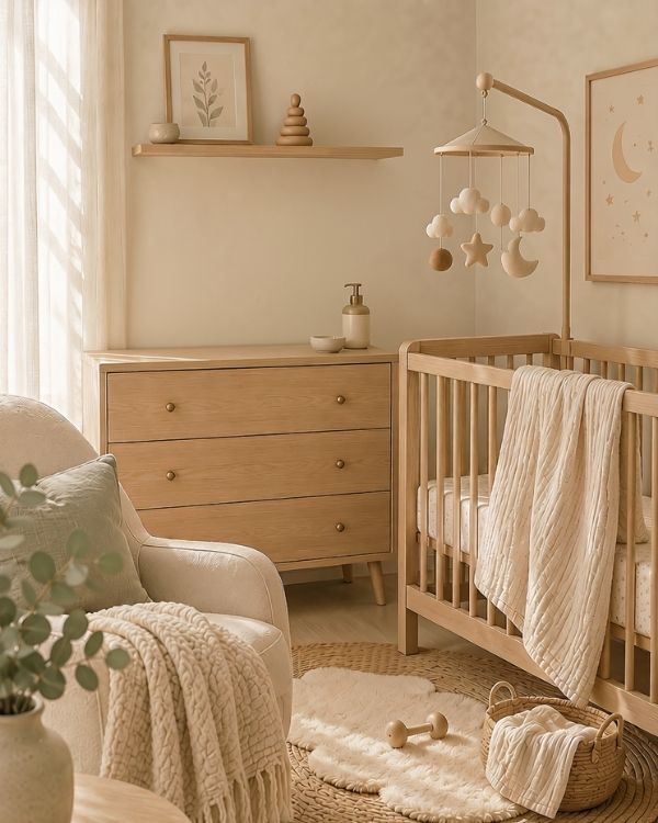 Peaceful baby nursery with cot and recommended sleep essentials.