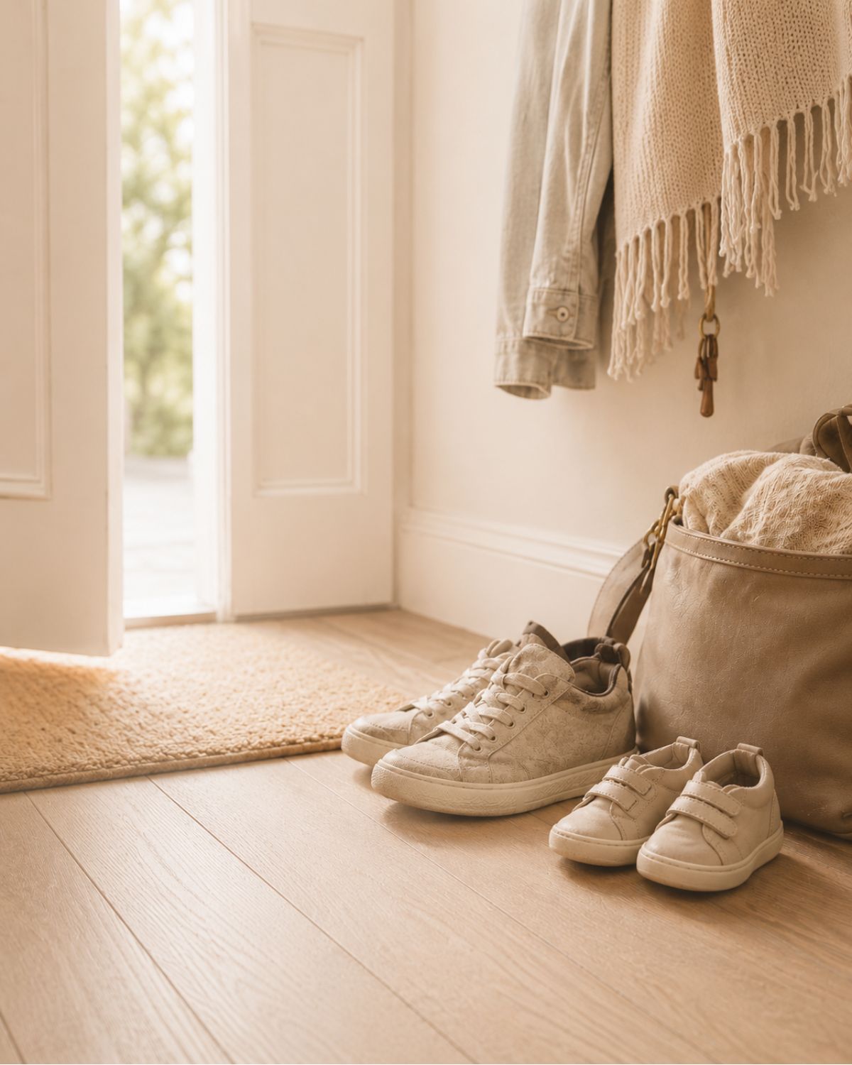 Photo of a quiet hallway with an open door, small baby shoes and a packed nappy bag ready by the entrance