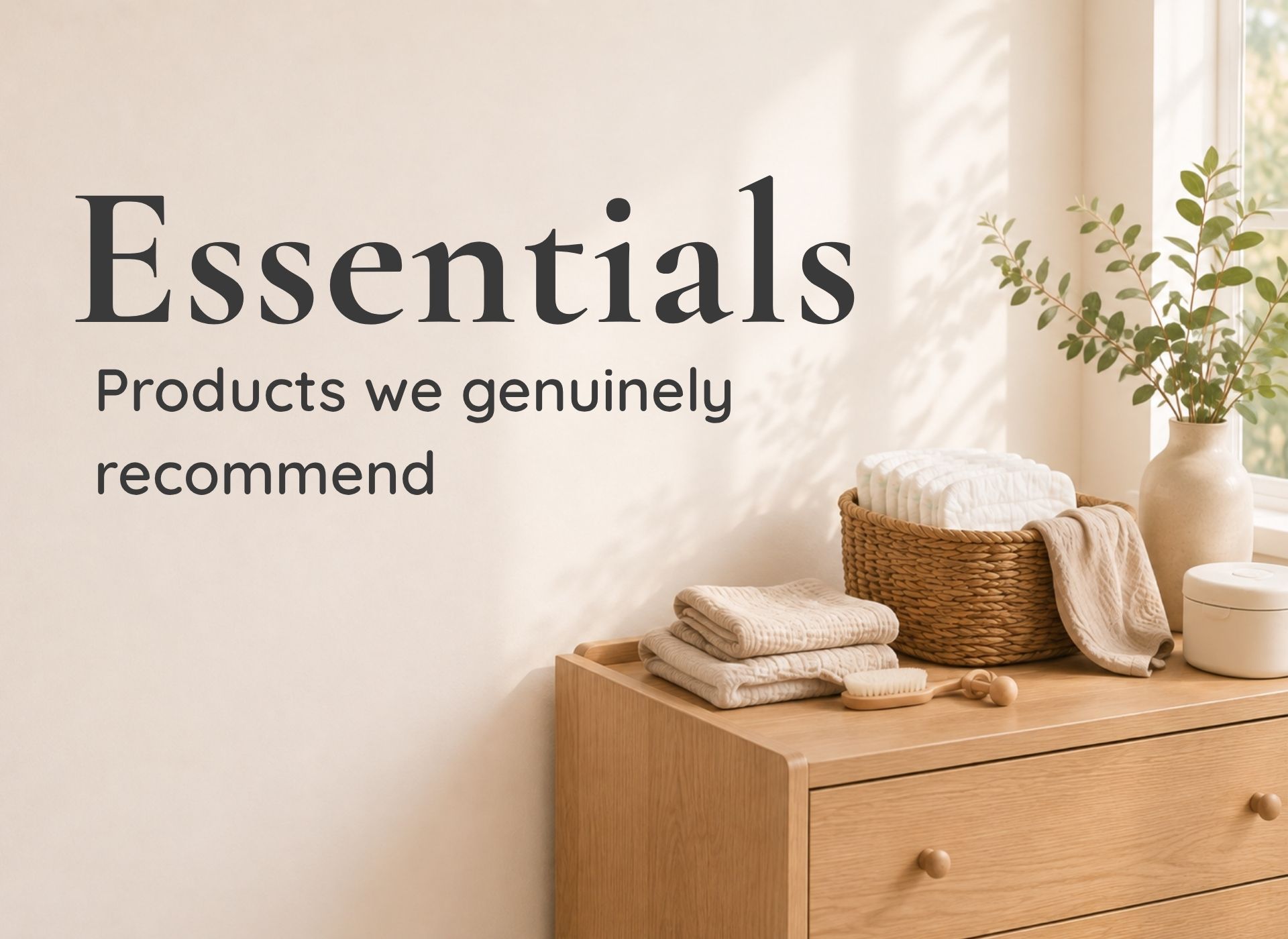 Recommended baby essentials displayed in a calm family home.