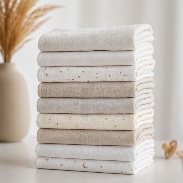 Stack of soft cotton muslin cloths for feeding, winding and everyday baby care.