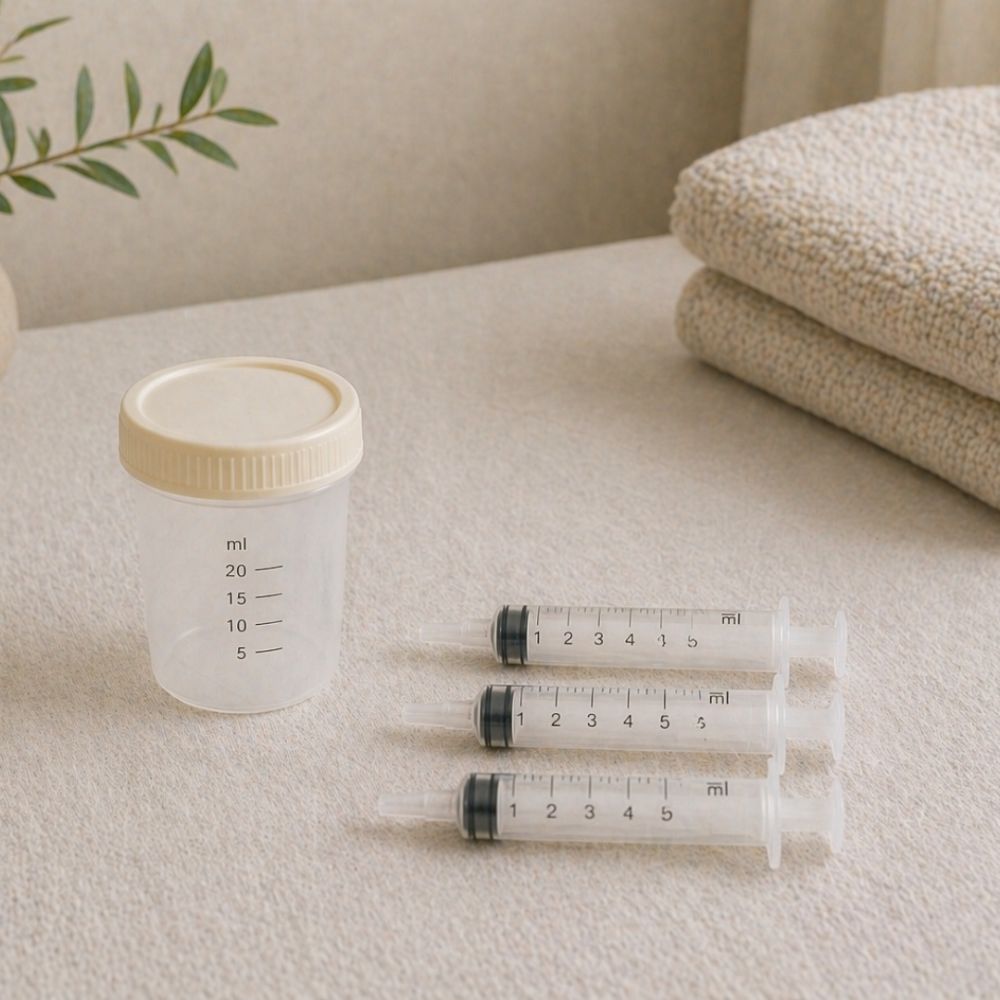 Colostrum harvesting kit with sterile syringes and storage container for collecting colostrum during pregnancy.