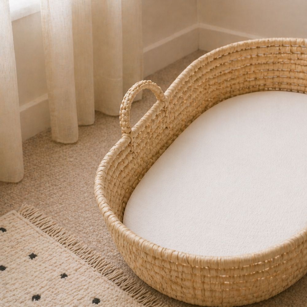 Firm Moses basket mattress designed to fit securely for safer baby sleep.