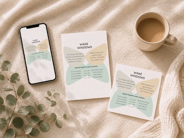 Baby wake windows by age guide with A6 printable, square printable and phone save