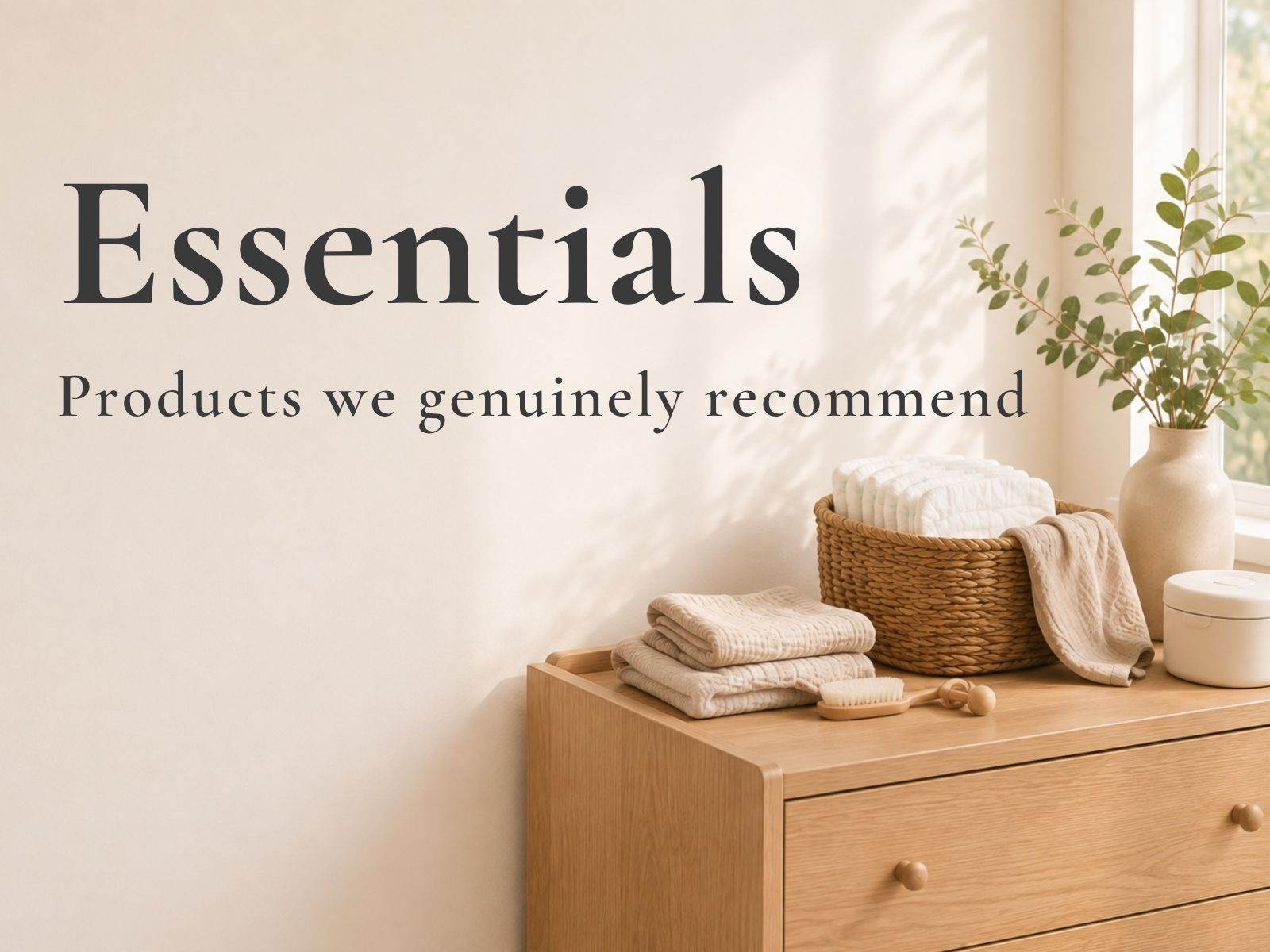 Recommended baby essentials displayed in a calm family home.