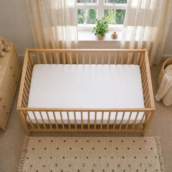 Firm baby cot mattress fitted securely inside a wooden cot.