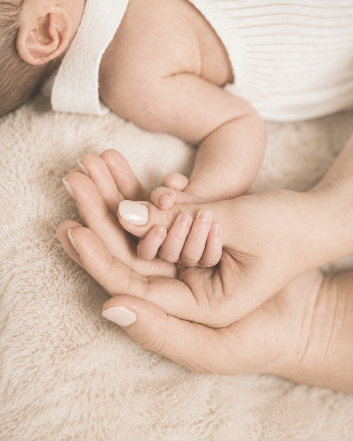 Newborn baby holding parent's hand, soft black and white image